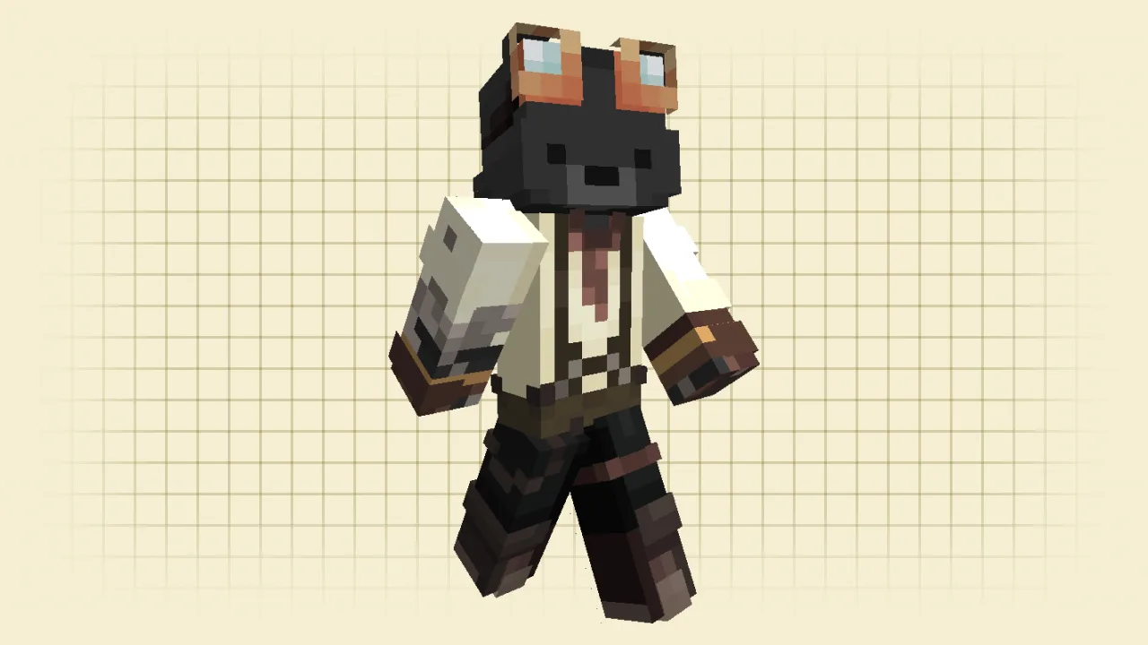 A Minecraft skin of a black bear wearing orange goggles, a white dress shirt with suspenders, and brown gloves