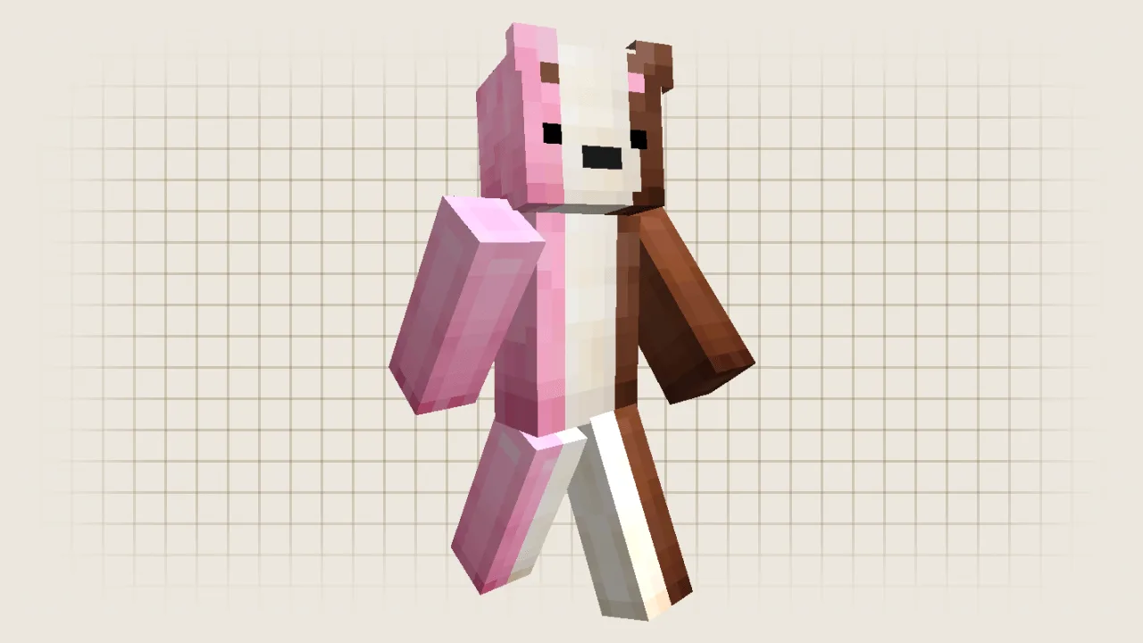 A Minecraft bear skin featuring a vertical tri-color split design with pink, white, and brown fur