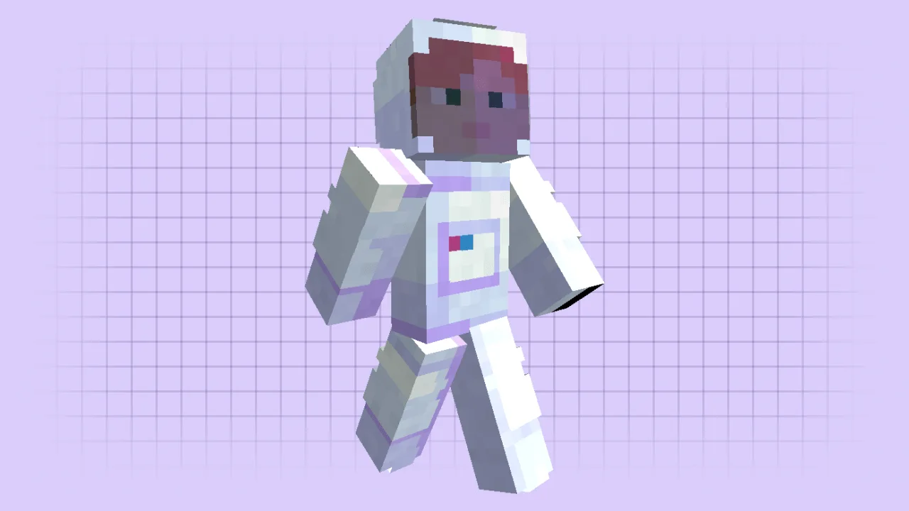 A slim Alex Minecraft skin wearing a white and purple astronaut space suit with a glass helmet