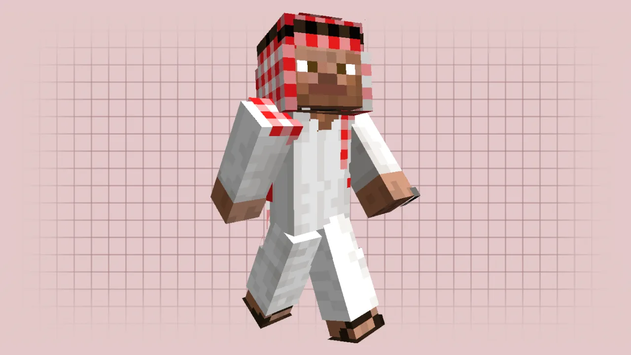 Minecraft Steve skin wearing a white long robe and a red checkered turban for a desert theme
