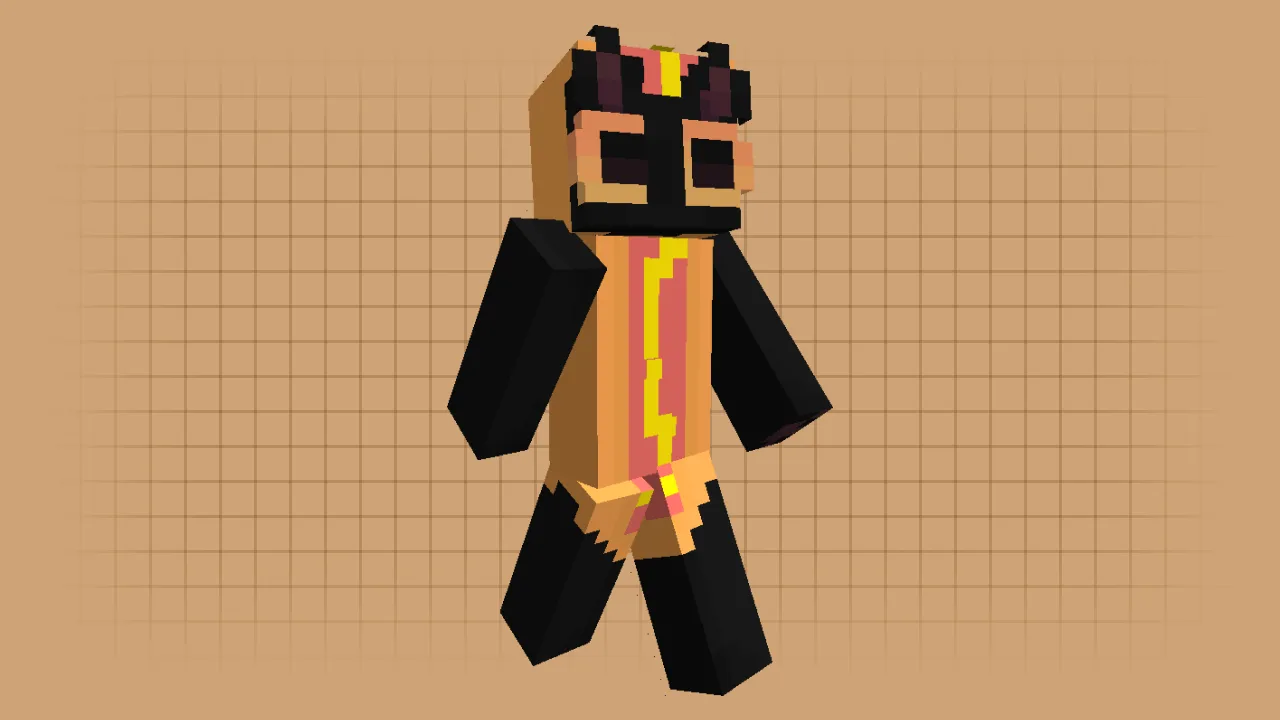 A black Minecraft cat skin wearing a detailed hot dog costume with a yellow mustard stripe