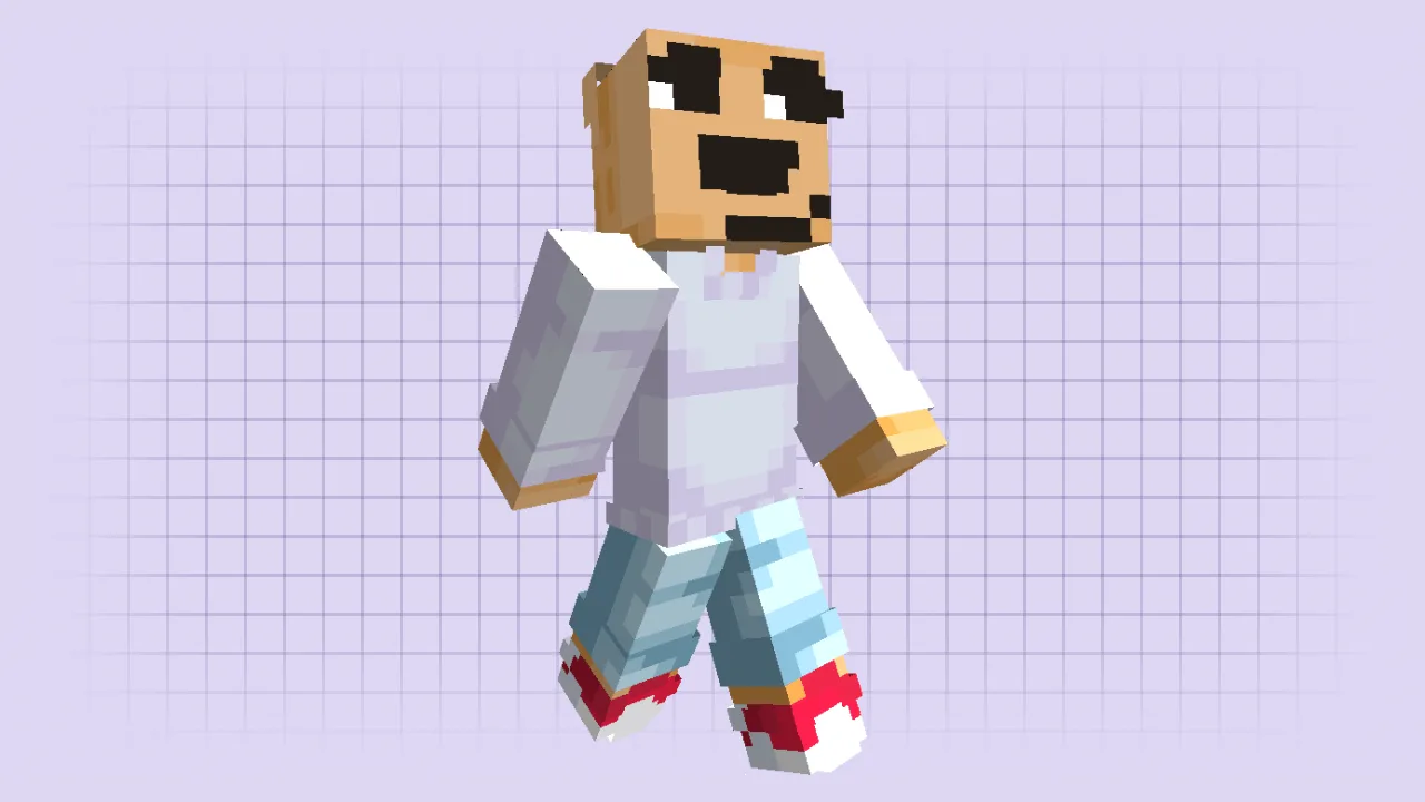 A Minecraft skin of the viral "Chill Guy" character, featuring a dog head with a calm expression wearing a grey sweater and jeans
