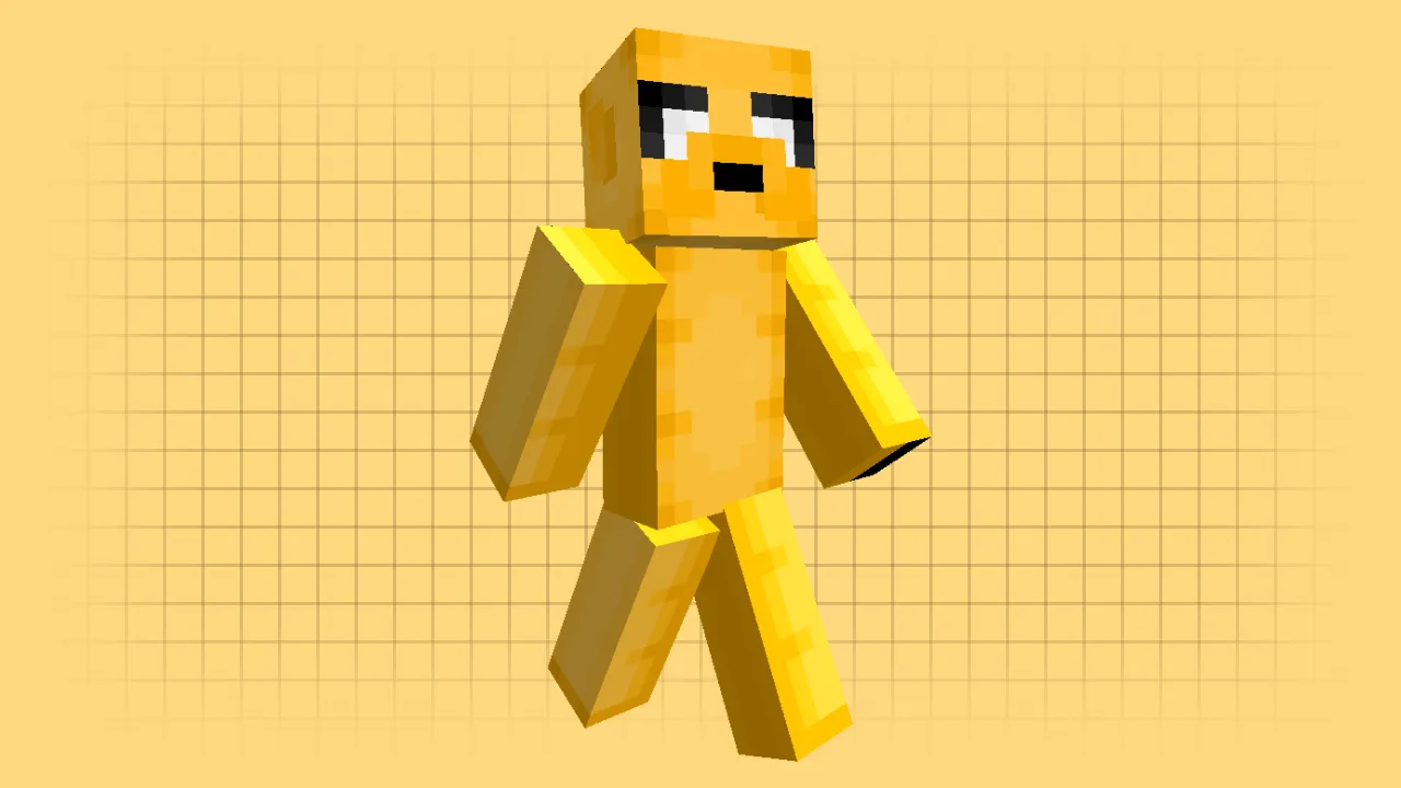 A bright yellow Minecraft skin of Jake the Dog from Adventure Time with his large signature eyes and black nose